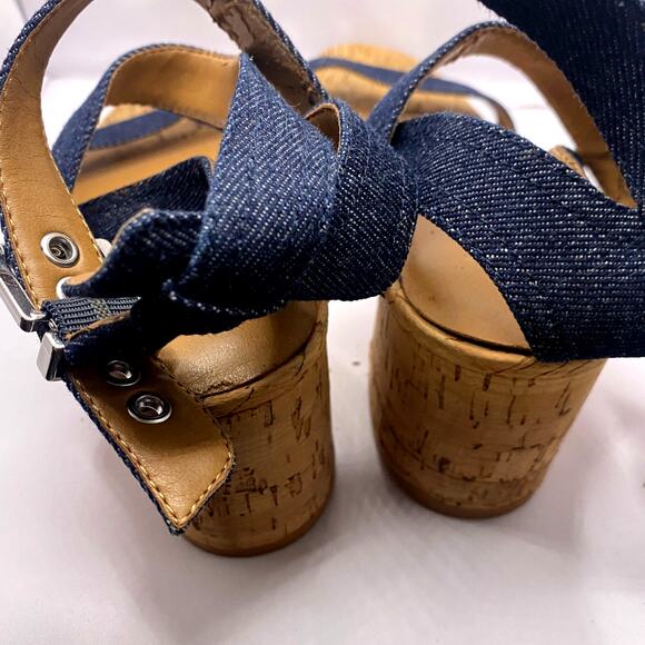 Arturo Chiang Cork Block Heel Navy Blue Denim Canvas Ankle Strap Sandal Sz 8M - Picture 7 of 7